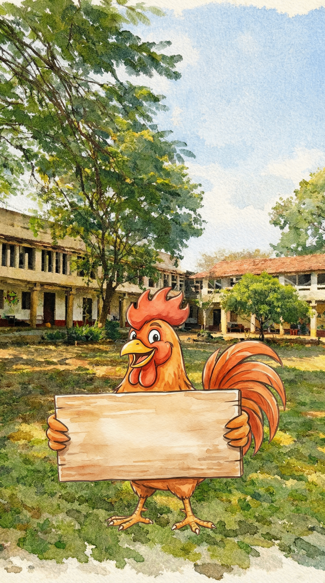 Watercolor illustration of the CraftyRooster mascot in the campus courtyard