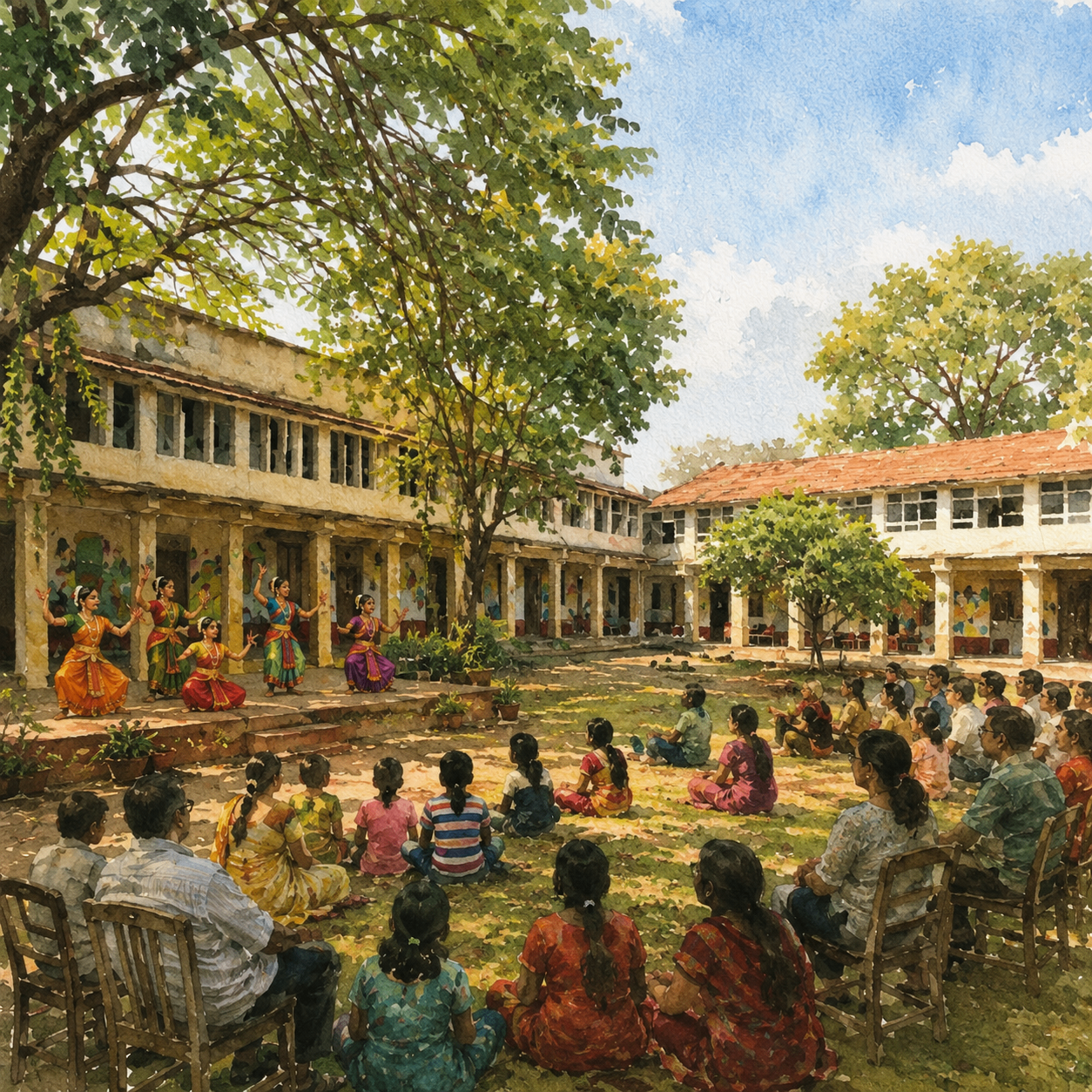 Traditional dance performance in the CraftyRooster courtyard with audience seated on the lawn