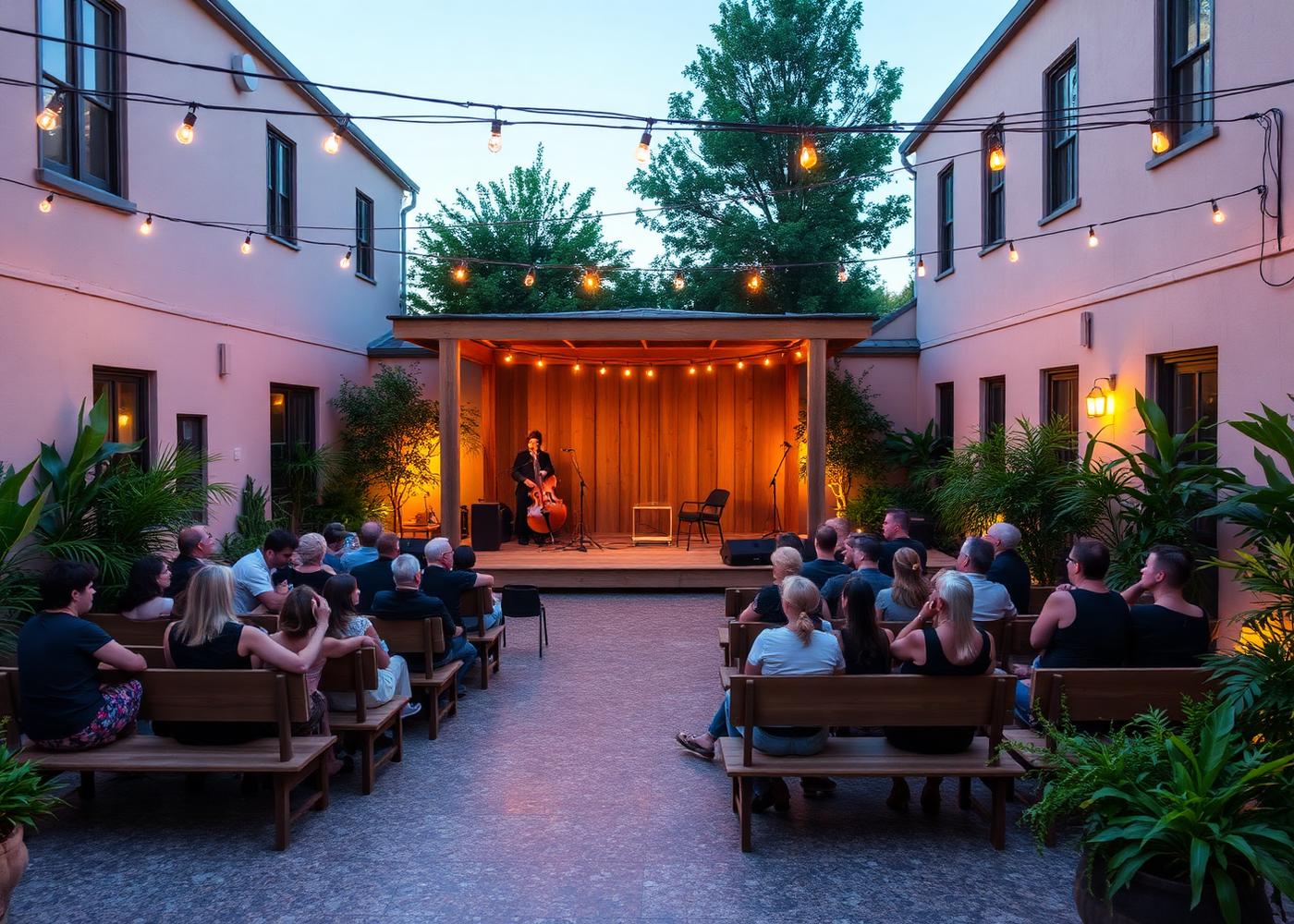 Courtyard performance at dusk
