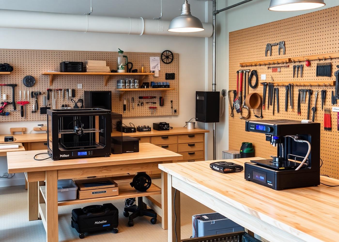3D printers and tools on wooden benches