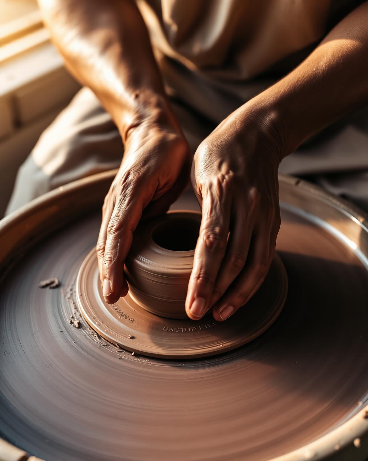 Hands shaping clay on a pottery wheel